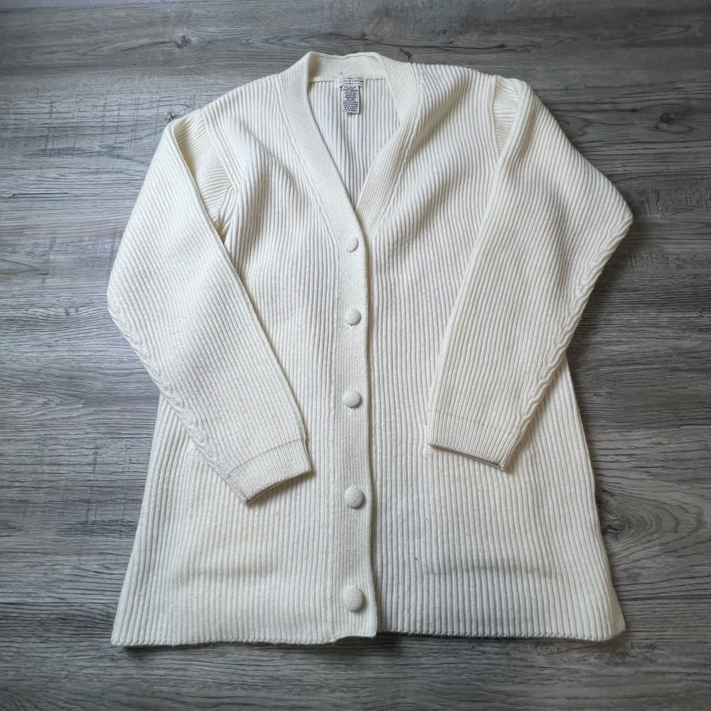 Yarnworks Cardigan Women Med White Ribbed‎ Knit V-Neck Button Front Longline T37